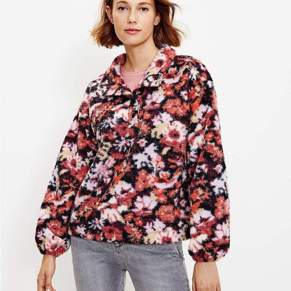 LOFT Floral Fleece Women's Jacket Sherpa Snap Collar Top